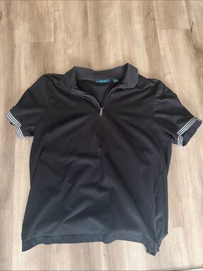 Perry Ellis Black Short-Sleeve Quarter-Zip Polo with Striped Cuffs